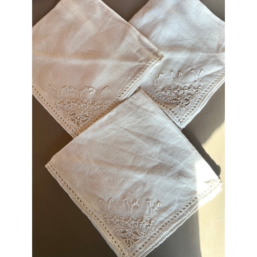 Vintage Cloth Napkins Set of 3 Cream Embroidered Floral Lace Neutral Minimalist
